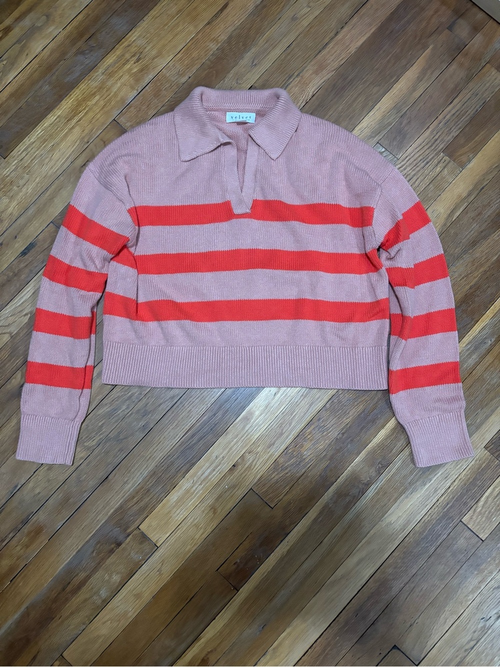 Velvet Striped Collared Knit Sweater - Pink & orange